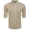 imageCOOFANDY Mens Cotton Linen Henley TShirts Long Sleeve Hippie Casual Beach TShirtsKhaki