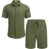 imageCOOFANDY Mens Summer Beach Outfits 2 Piece Short Sleeve Shirts and Shorts Vacation Texture Linen Sets for MenArmy Green