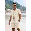 imageCOOFANDY Mens Summer Beach Outfits 2 Piece Short Sleeve Shirts and Shorts Vacation Texture Linen Sets for MenBeige