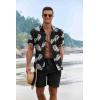 imageCOOFANDY Mens Summer Beach Outfits 2 Piece Short Sleeve Shirts and Shorts Vacation Texture Linen Sets for MenBlack  Leaf