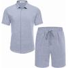 imageCOOFANDY Mens Summer Beach Outfits 2 Piece Short Sleeve Shirts and Shorts Vacation Texture Linen Sets for MenBlue