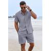 imageCOOFANDY Mens Summer Beach Outfits 2 Piece Short Sleeve Shirts and Shorts Vacation Texture Linen Sets for MenDark Blue Grey