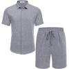imageCOOFANDY Mens Summer Beach Outfits 2 Piece Short Sleeve Shirts and Shorts Vacation Texture Linen Sets for MenDark Blue Grey