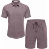 imageCOOFANDY Mens Summer Beach Outfits 2 Piece Short Sleeve Shirts and Shorts Vacation Texture Linen Sets for MenDark Red