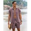 imageCOOFANDY Mens Summer Beach Outfits 2 Piece Short Sleeve Shirts and Shorts Vacation Texture Linen Sets for MenDark Red