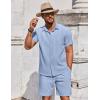 imageCOOFANDY Mens Summer Beach Outfits 2 Piece Short Sleeve Shirts and Shorts Vacation Texture Linen Sets for MenDenim Blue