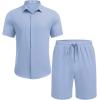 imageCOOFANDY Mens Summer Beach Outfits 2 Piece Short Sleeve Shirts and Shorts Vacation Texture Linen Sets for MenDenim Blue