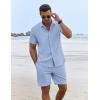 imageCOOFANDY Mens Summer Beach Outfits 2 Piece Short Sleeve Shirts and Shorts Vacation Texture Linen Sets for MenDenim Blue