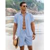 imageCOOFANDY Mens Summer Beach Outfits 2 Piece Short Sleeve Shirts and Shorts Vacation Texture Linen Sets for MenDenim Blue