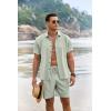 imageCOOFANDY Mens Summer Beach Outfits 2 Piece Short Sleeve Shirts and Shorts Vacation Texture Linen Sets for MenGreen