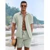imageCOOFANDY Mens Summer Beach Outfits 2 Piece Short Sleeve Shirts and Shorts Vacation Texture Linen Sets for MenGreen