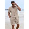 imageCOOFANDY Mens Summer Beach Outfits 2 Piece Short Sleeve Shirts and Shorts Vacation Texture Linen Sets for MenKhaki