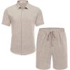imageCOOFANDY Mens Summer Beach Outfits 2 Piece Short Sleeve Shirts and Shorts Vacation Texture Linen Sets for MenKhaki