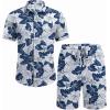 imageCOOFANDY Mens Summer Beach Outfits 2 Piece Short Sleeve Shirts and Shorts Vacation Texture Linen Sets for MenLeaf Blue White