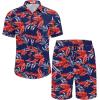 imageCOOFANDY Mens Summer Beach Outfits 2 Piece Short Sleeve Shirts and Shorts Vacation Texture Linen Sets for MenLeavesnavy Blue