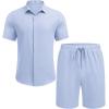 imageCOOFANDY Mens Summer Beach Outfits 2 Piece Short Sleeve Shirts and Shorts Vacation Texture Linen Sets for MenLight Blue