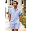 imageCOOFANDY Mens Summer Beach Outfits 2 Piece Short Sleeve Shirts and Shorts Vacation Texture Linen Sets for MenLight Blue