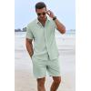 imageCOOFANDY Mens Summer Beach Outfits 2 Piece Short Sleeve Shirts and Shorts Vacation Texture Linen Sets for MenLight Green