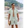 imageCOOFANDY Mens Summer Beach Outfits 2 Piece Short Sleeve Shirts and Shorts Vacation Texture Linen Sets for MenLight Green