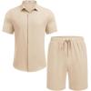 imageCOOFANDY Mens Summer Beach Outfits 2 Piece Short Sleeve Shirts and Shorts Vacation Texture Linen Sets for MenLight Khaki