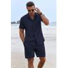 imageCOOFANDY Mens Summer Beach Outfits 2 Piece Short Sleeve Shirts and Shorts Vacation Texture Linen Sets for MenNavy Blue