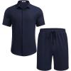 imageCOOFANDY Mens Summer Beach Outfits 2 Piece Short Sleeve Shirts and Shorts Vacation Texture Linen Sets for MenNavy Blue