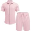 imageCOOFANDY Mens Summer Beach Outfits 2 Piece Short Sleeve Shirts and Shorts Vacation Texture Linen Sets for MenPink