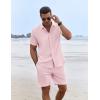 imageCOOFANDY Mens Summer Beach Outfits 2 Piece Short Sleeve Shirts and Shorts Vacation Texture Linen Sets for MenPink