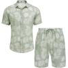 imageCOOFANDY Mens Summer Beach Outfits 2 Piece Short Sleeve Shirts and Shorts Vacation Texture Linen Sets for MenSage Green  Leaf