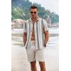 imageCOOFANDY Mens Summer Beach Outfits 2 Piece Short Sleeve Shirts and Shorts Vacation Texture Linen Sets for MenStripe