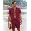 imageCOOFANDY Mens Summer Beach Outfits 2 Piece Short Sleeve Shirts and Shorts Vacation Texture Linen Sets for MenWine Red
