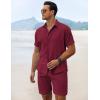 imageCOOFANDY Mens Summer Beach Outfits 2 Piece Short Sleeve Shirts and Shorts Vacation Texture Linen Sets for MenWine Red