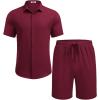 imageCOOFANDY Mens Summer Beach Outfits 2 Piece Short Sleeve Shirts and Shorts Vacation Texture Linen Sets for MenWine Red