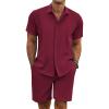 imageCOOFANDY Mens Summer Beach Outfits 2 Piece Short Sleeve Shirts and Shorts Vacation Texture Linen Sets for MenWine Red