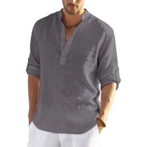 imageCOOFANDY Mens Cotton Linen Henley TShirts Long Sleeve Hippie Casual Beach TShirtsDark Gray