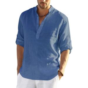 imageCOOFANDY Mens Cotton Linen Henley TShirts Long Sleeve Hippie Casual Beach TShirtsDenim Blue