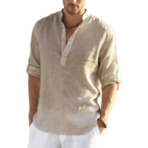 imageCOOFANDY Mens Cotton Linen Henley TShirts Long Sleeve Hippie Casual Beach TShirtsKhaki