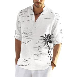 imageCOOFANDY Mens Cotton Linen Henley TShirts Long Sleeve Hippie Casual Beach TShirtsWhite  Palm Tree