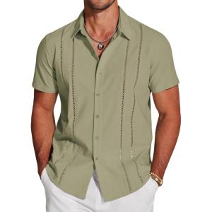 imageCOOFANDY Mens Cuban Guayabera Shirt Short Sleeve Button Down Shirts Casual Summer Beach Linen ShirtsArmy Green