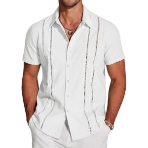imageCOOFANDY Mens Cuban Guayabera Shirt Short Sleeve Button Down Shirts Casual Summer Beach Linen ShirtsAwhite