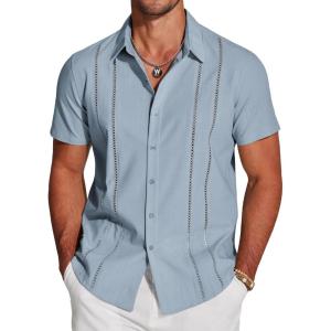 imageCOOFANDY Mens Cuban Guayabera Shirt Short Sleeve Button Down Shirts Casual Summer Beach Linen ShirtsBlue