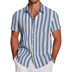 imageCOOFANDY Mens Cuban Guayabera Shirt Short Sleeve Button Down Shirts Casual Summer Beach Linen ShirtsBlue Stripe
