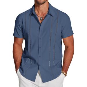 imageCOOFANDY Mens Cuban Guayabera Shirt Short Sleeve Button Down Shirts Casual Summer Beach Linen ShirtsDark Blue