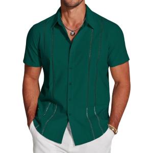 imageCOOFANDY Mens Cuban Guayabera Shirt Short Sleeve Button Down Shirts Casual Summer Beach Linen ShirtsDark Green