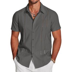 imageCOOFANDY Mens Cuban Guayabera Shirt Short Sleeve Button Down Shirts Casual Summer Beach Linen ShirtsDark Grey