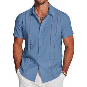 imageCOOFANDY Mens Cuban Guayabera Shirt Short Sleeve Button Down Shirts Casual Summer Beach Linen ShirtsDenim Blue