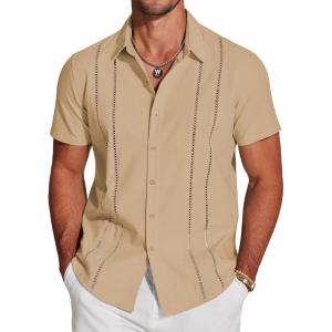 imageCOOFANDY Mens Cuban Guayabera Shirt Short Sleeve Button Down Shirts Casual Summer Beach Linen ShirtsLight Tan