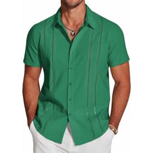 imageCOOFANDY Mens Cuban Guayabera Shirt Short Sleeve Button Down Shirts Casual Summer Beach Linen ShirtsOasis Green