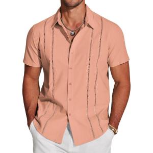 imageCOOFANDY Mens Cuban Guayabera Shirt Short Sleeve Button Down Shirts Casual Summer Beach Linen ShirtsPink