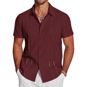 imageCOOFANDY Mens Cuban Guayabera Shirt Short Sleeve Button Down Shirts Casual Summer Beach Linen ShirtsWine Red